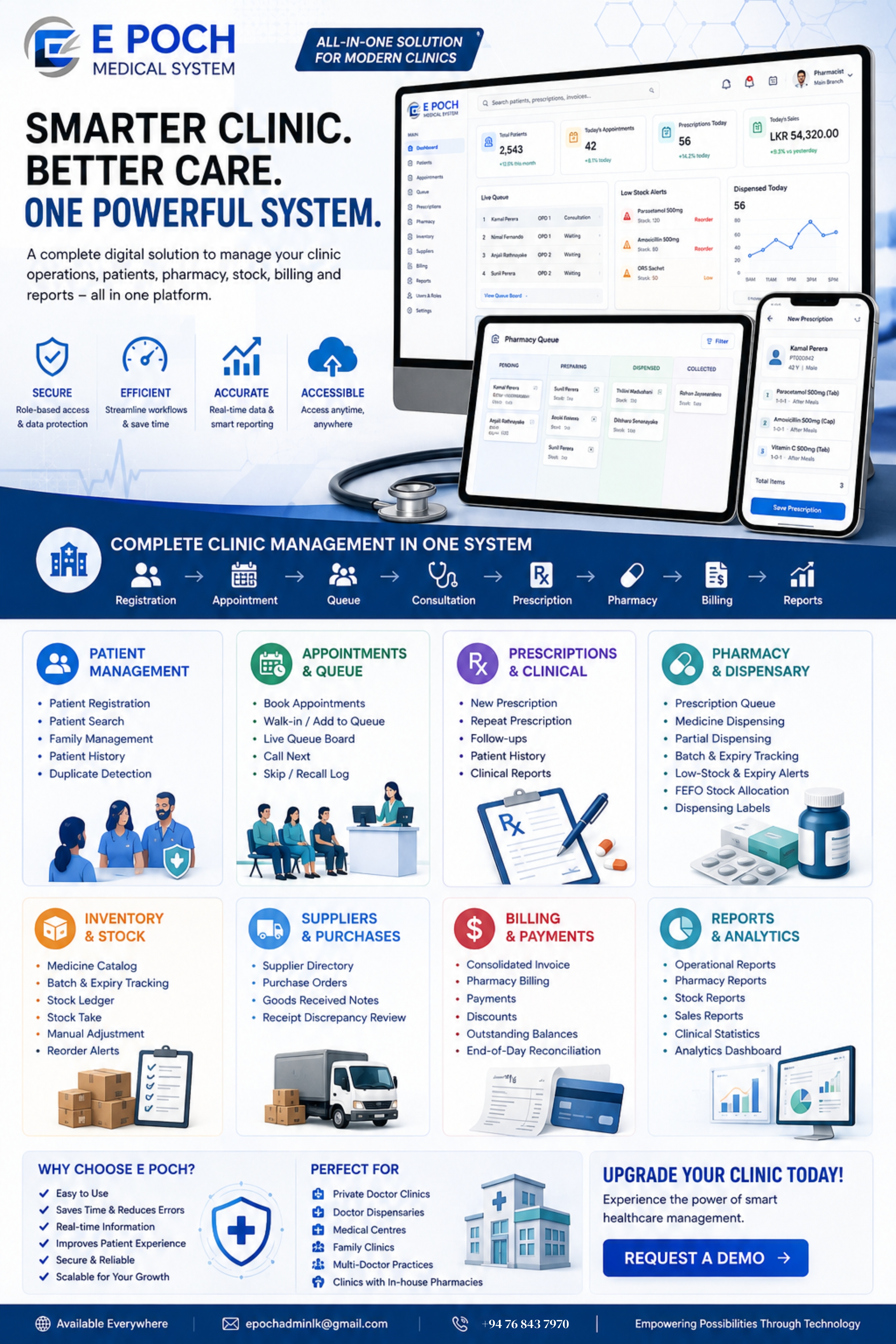 E-POCH Medical System clinic management platform for patients, appointments, pharmacy, inventory, billing and reports